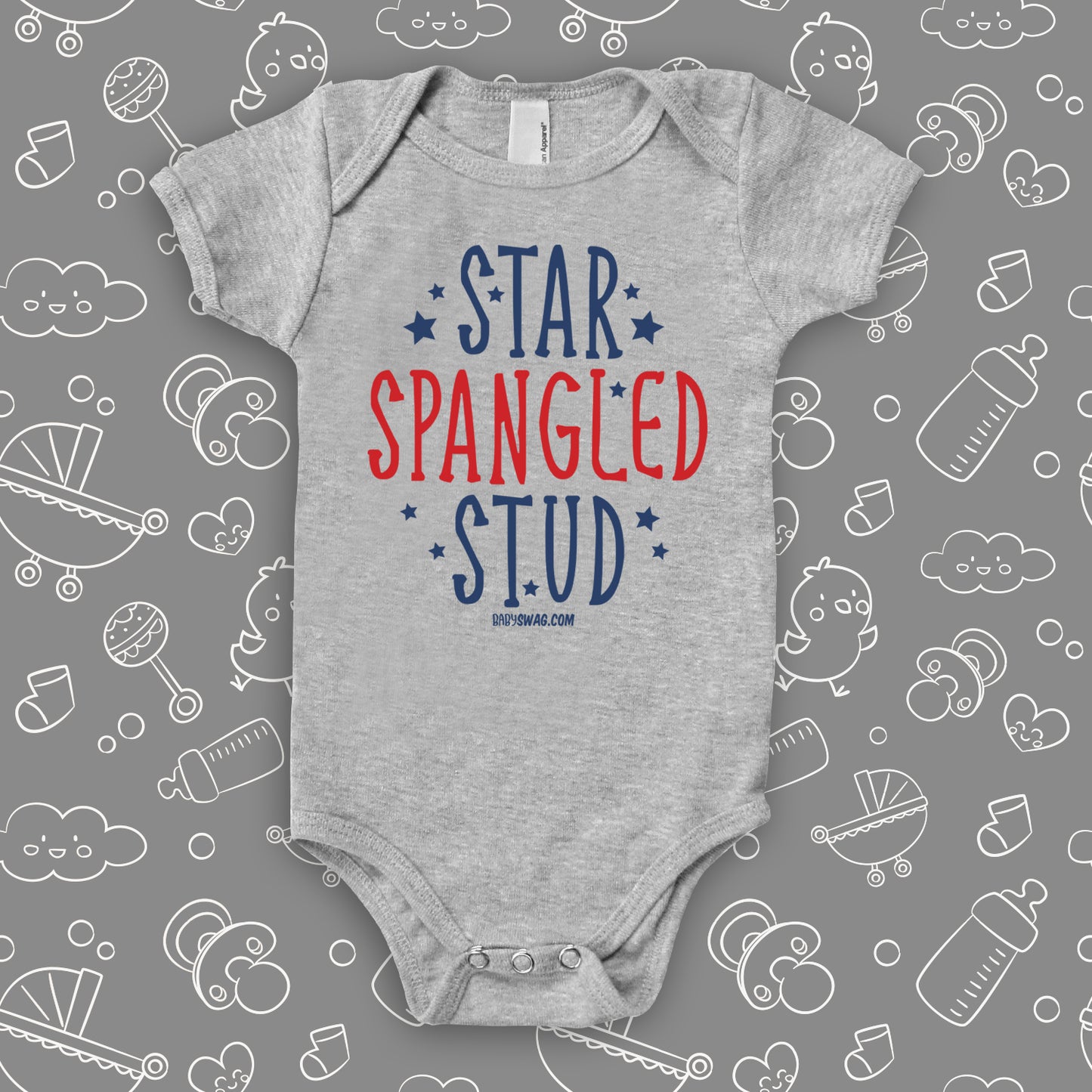 The unique baby boy onesies with the caption "Star Spangled Stud" in grey.