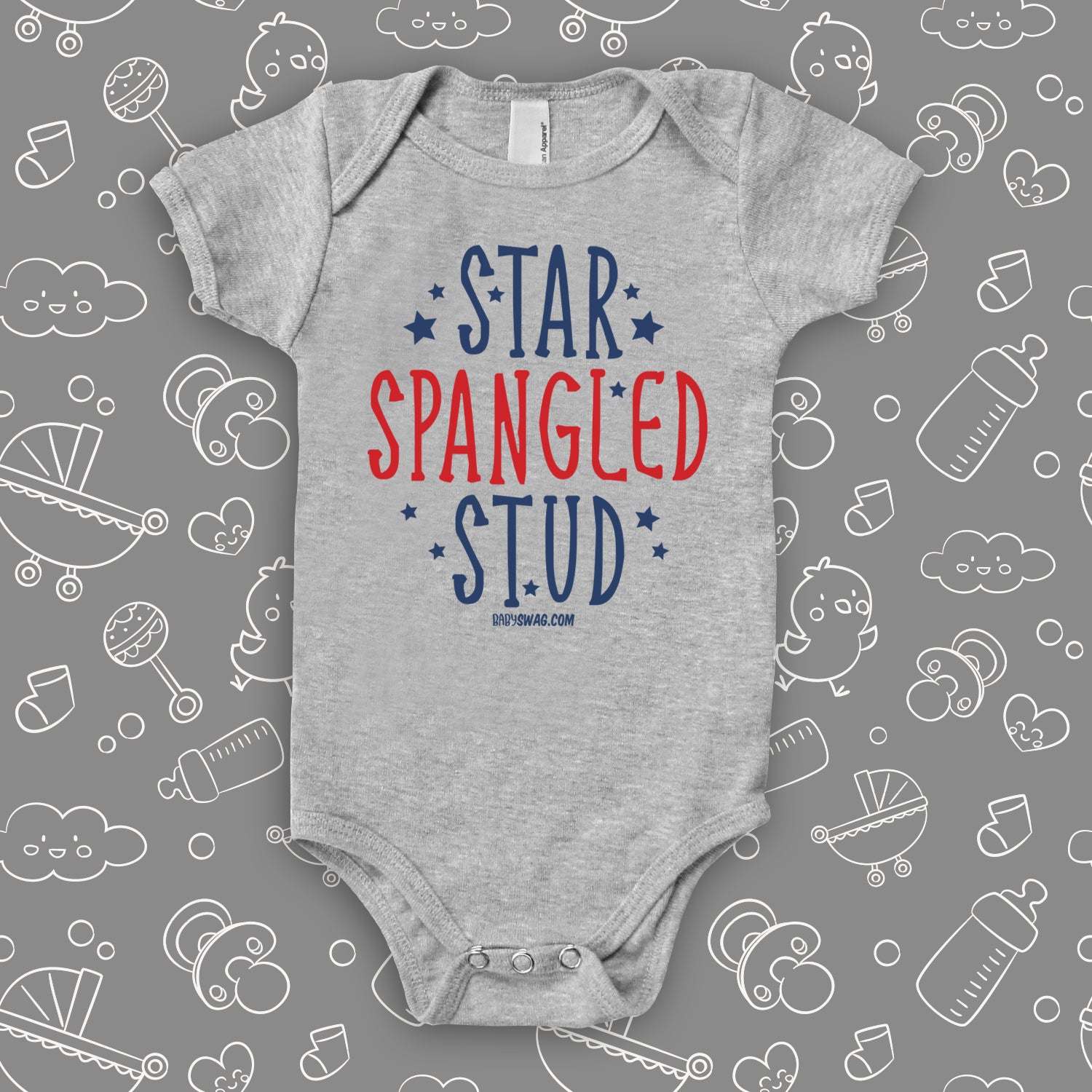 The unique baby boy onesies with the caption "Star Spangled Stud" in grey.