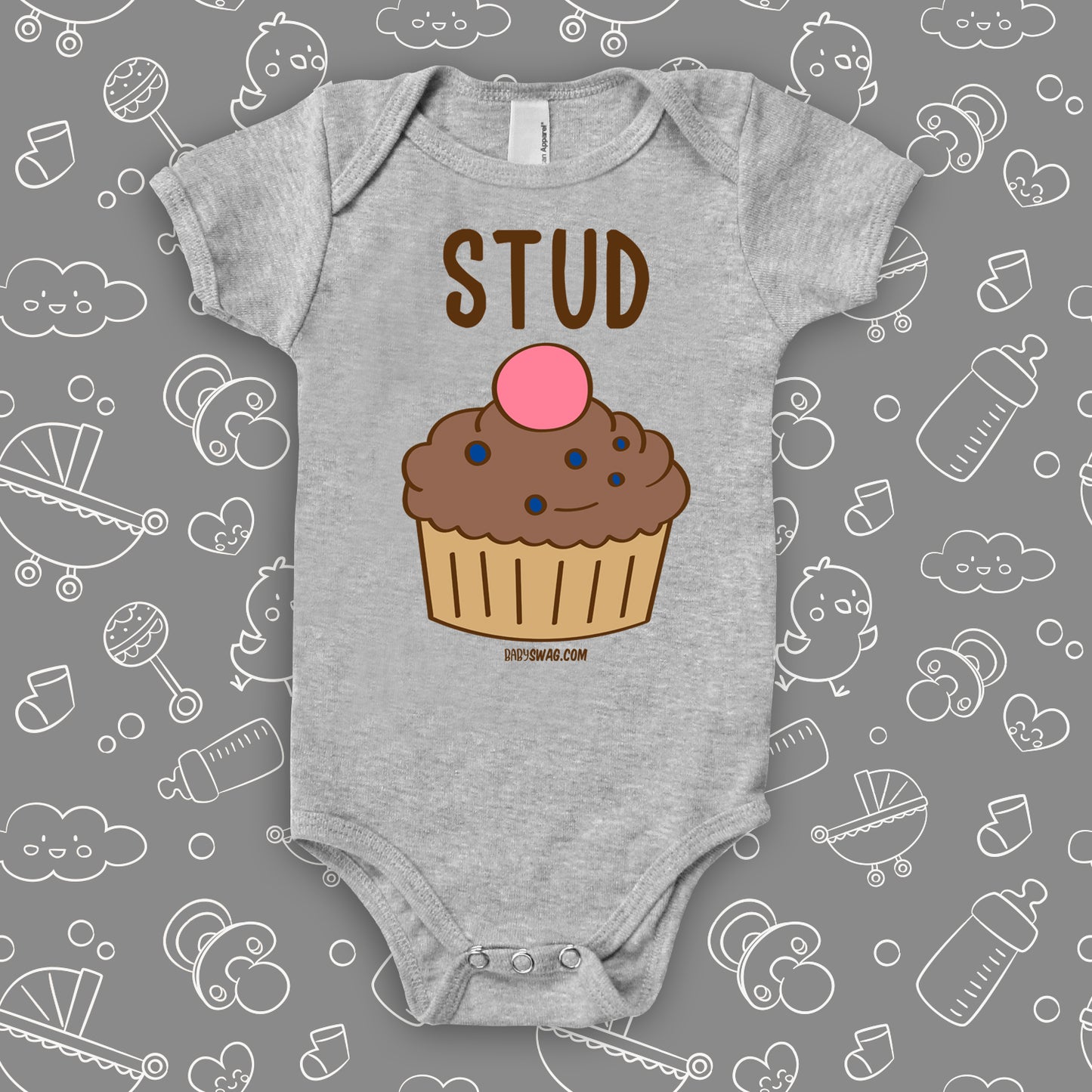 The ''Stud Muffin'' cool baby boy onesies in grey.