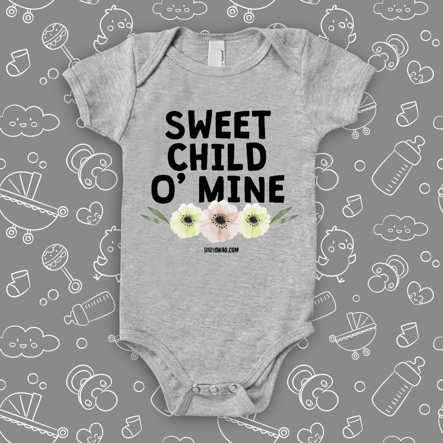 The "Sweet Child O' Mine" unique baby onesies in grey.