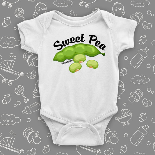 The ''Sweet Pea'' cute baby onesies in white.