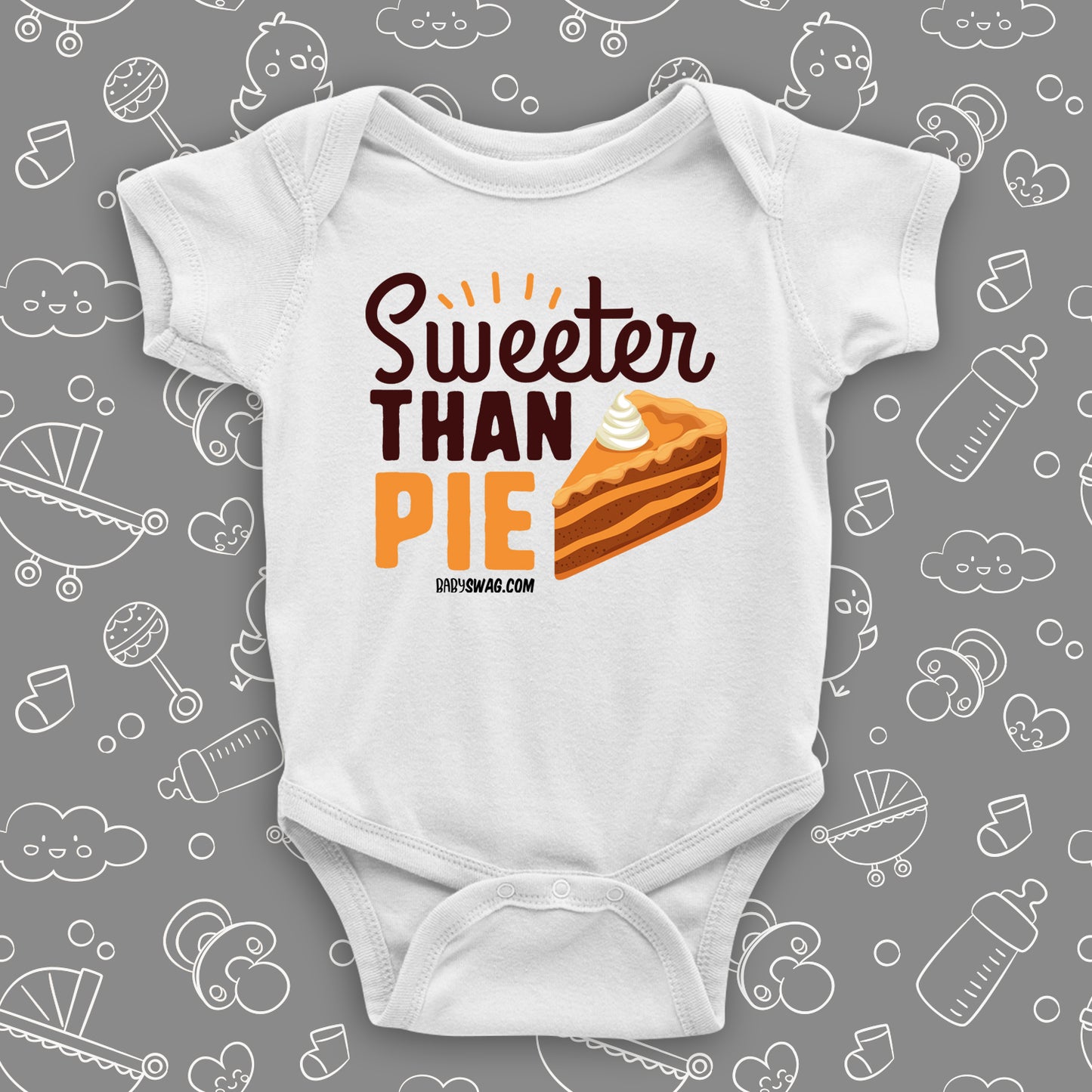 Cute baby onesies with saying "Sweeter Than Pie" in white.