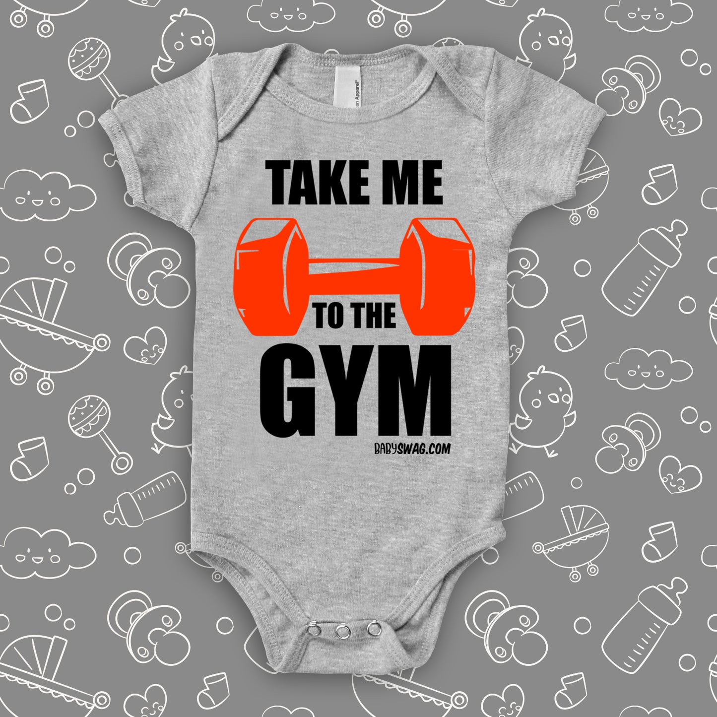 The ''Take Me To The Gym'' cool baby onesie in grey.