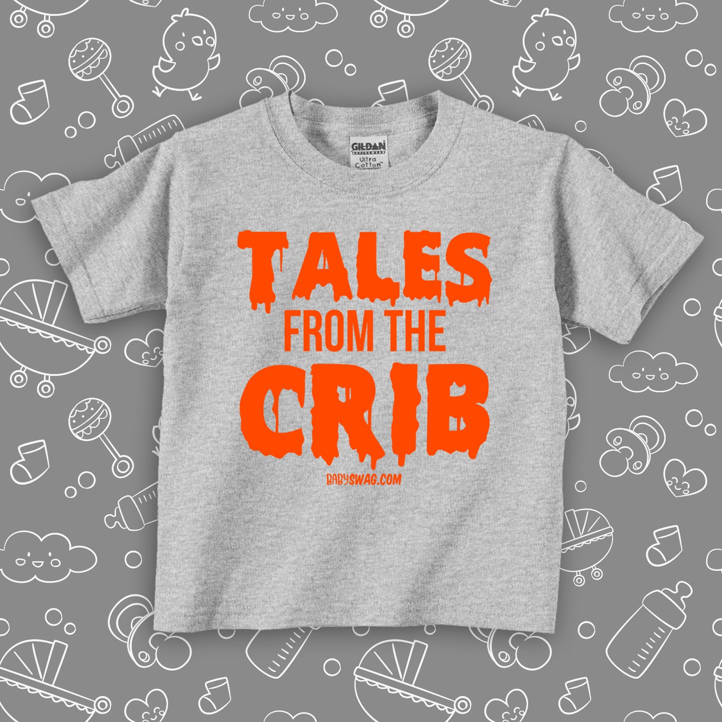 The "Tales From The Crib" funny toddler shirt in grey.
