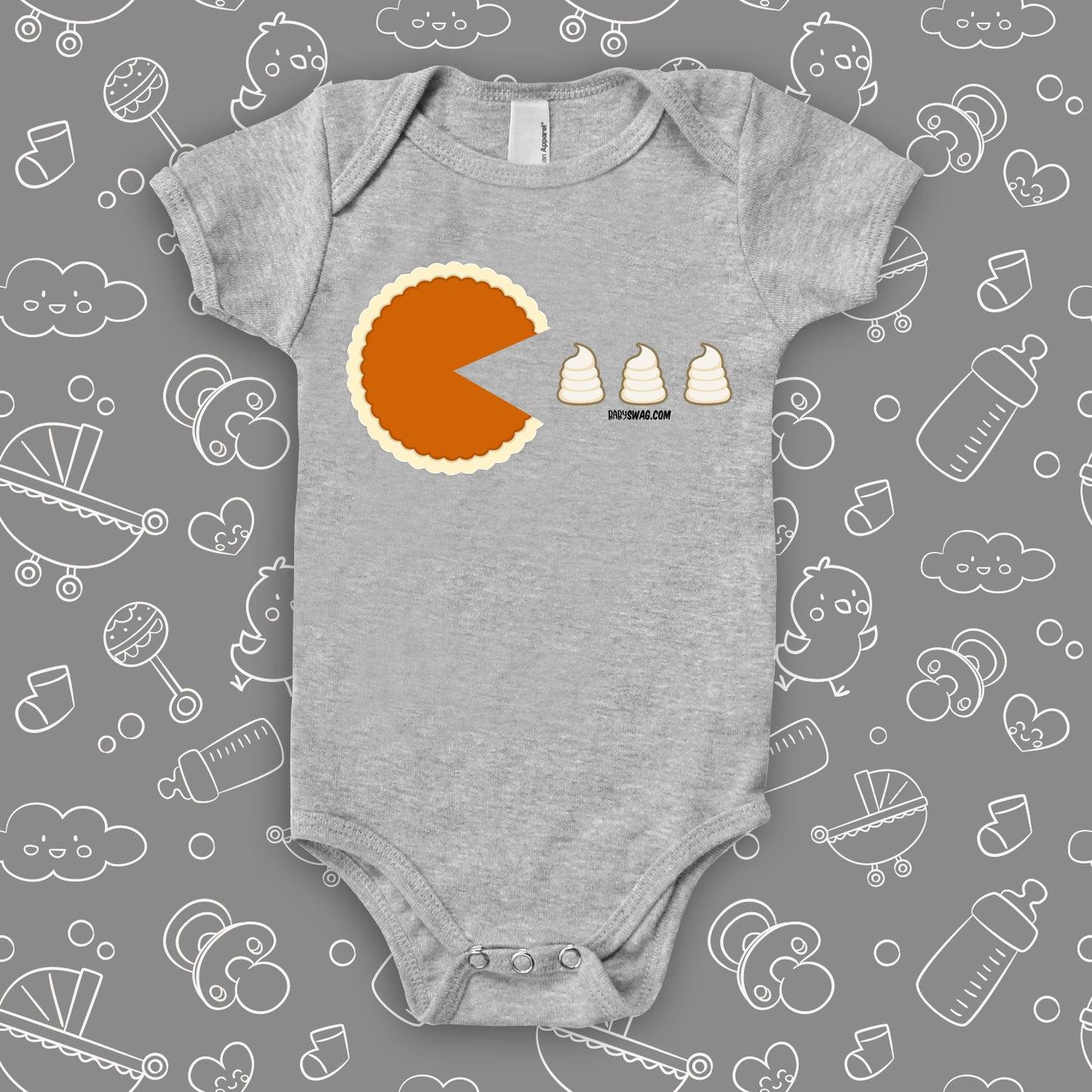 The "Thanksgiving Packman" funny baby onesies in grey.
