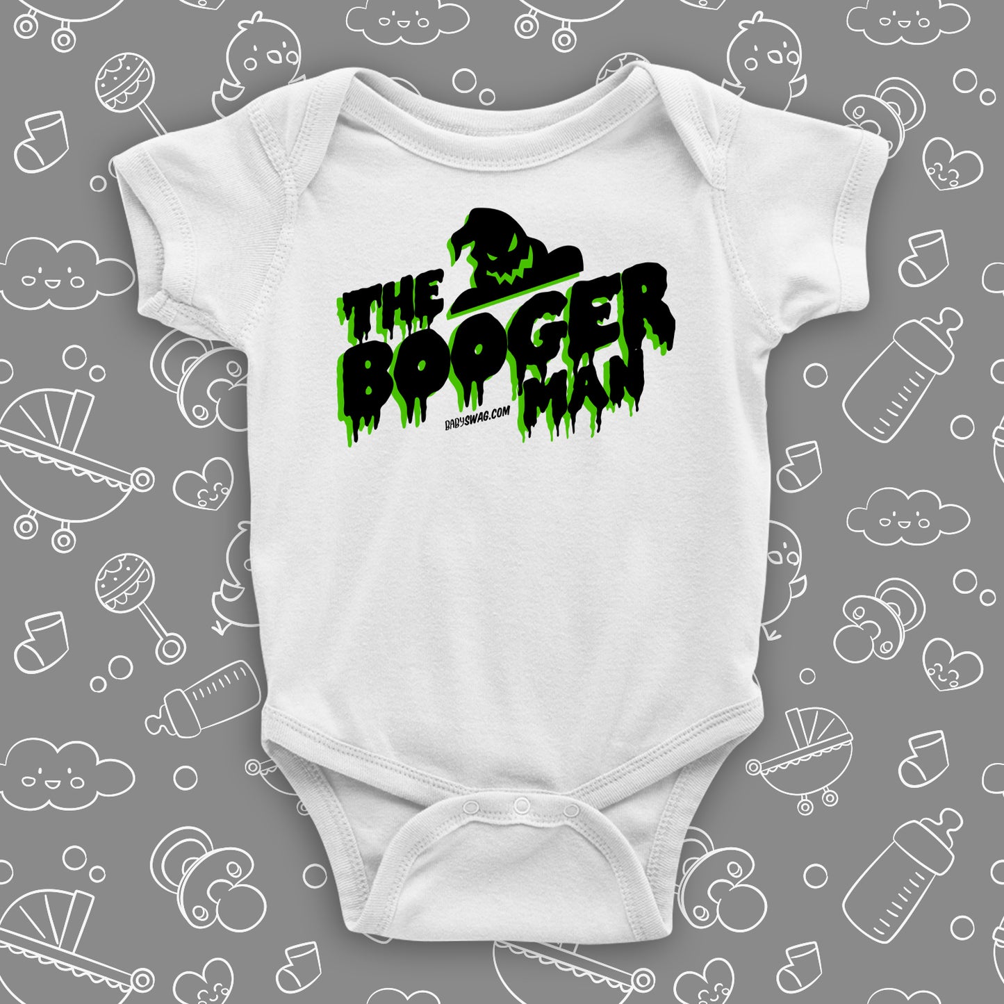 Hilarious baby onesies with saying "The Booger Man" in white.