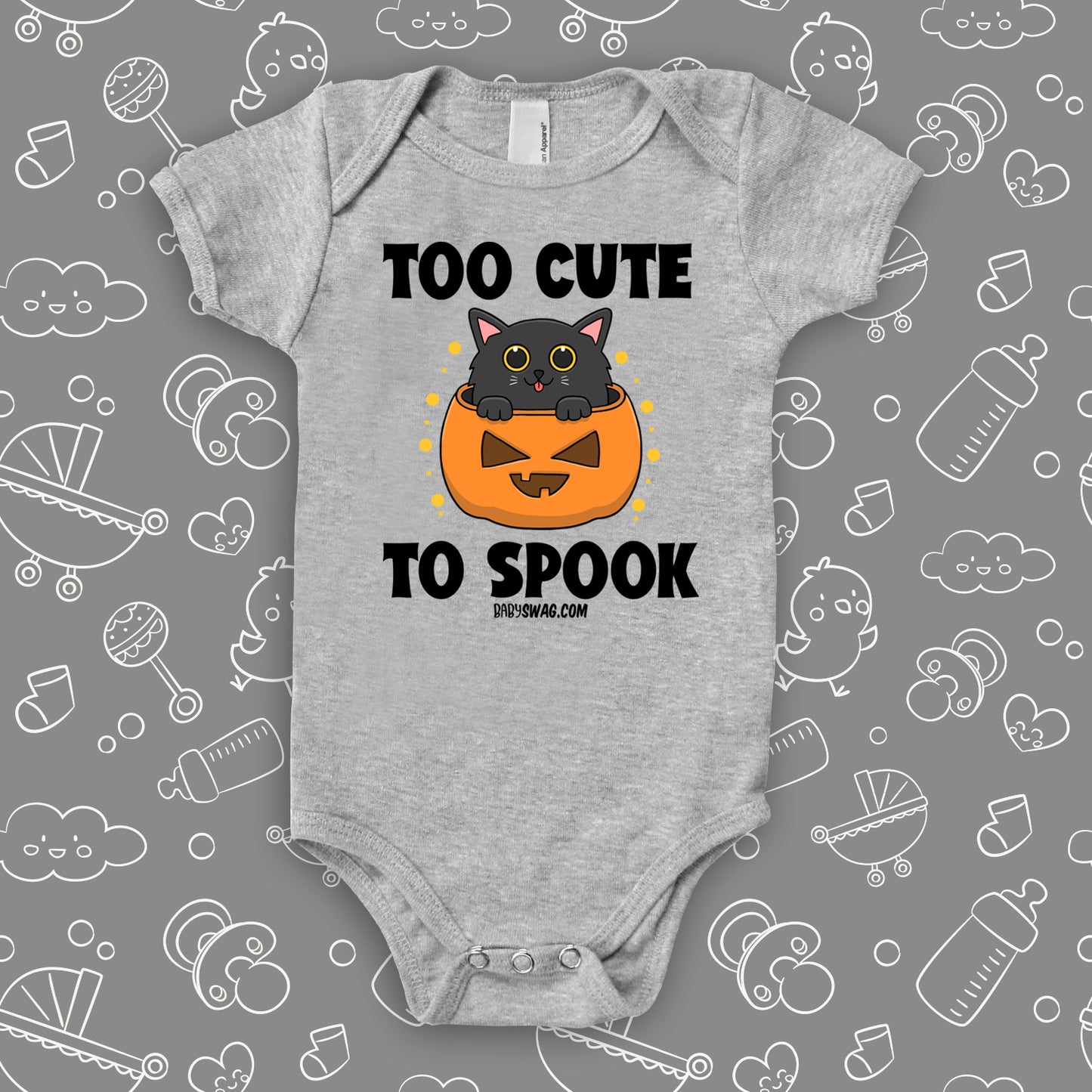 Grey cute baby onesie saying "Too Cute To Spook" with an image of a kitten coming out of the Halloween pumpkin