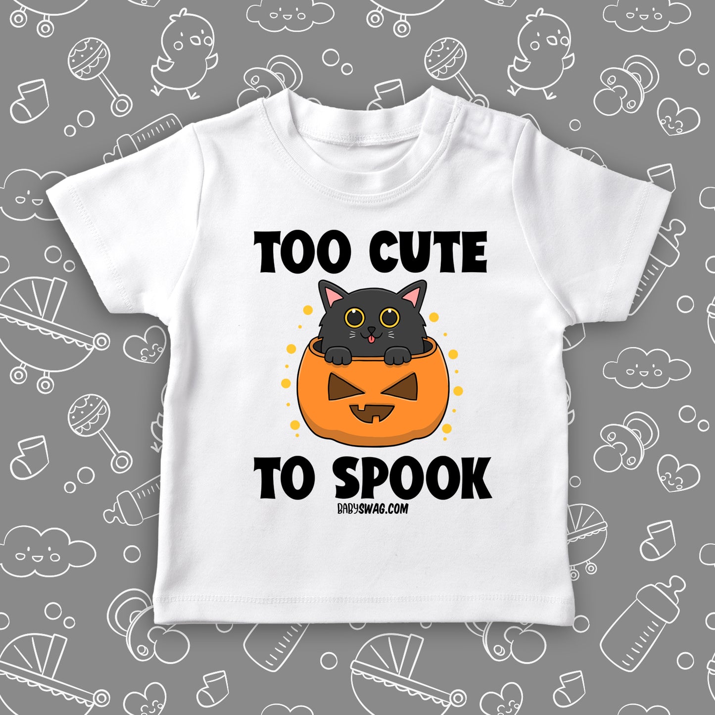 Toddler graphic tees with saying "Too Cute To Spook" in white.