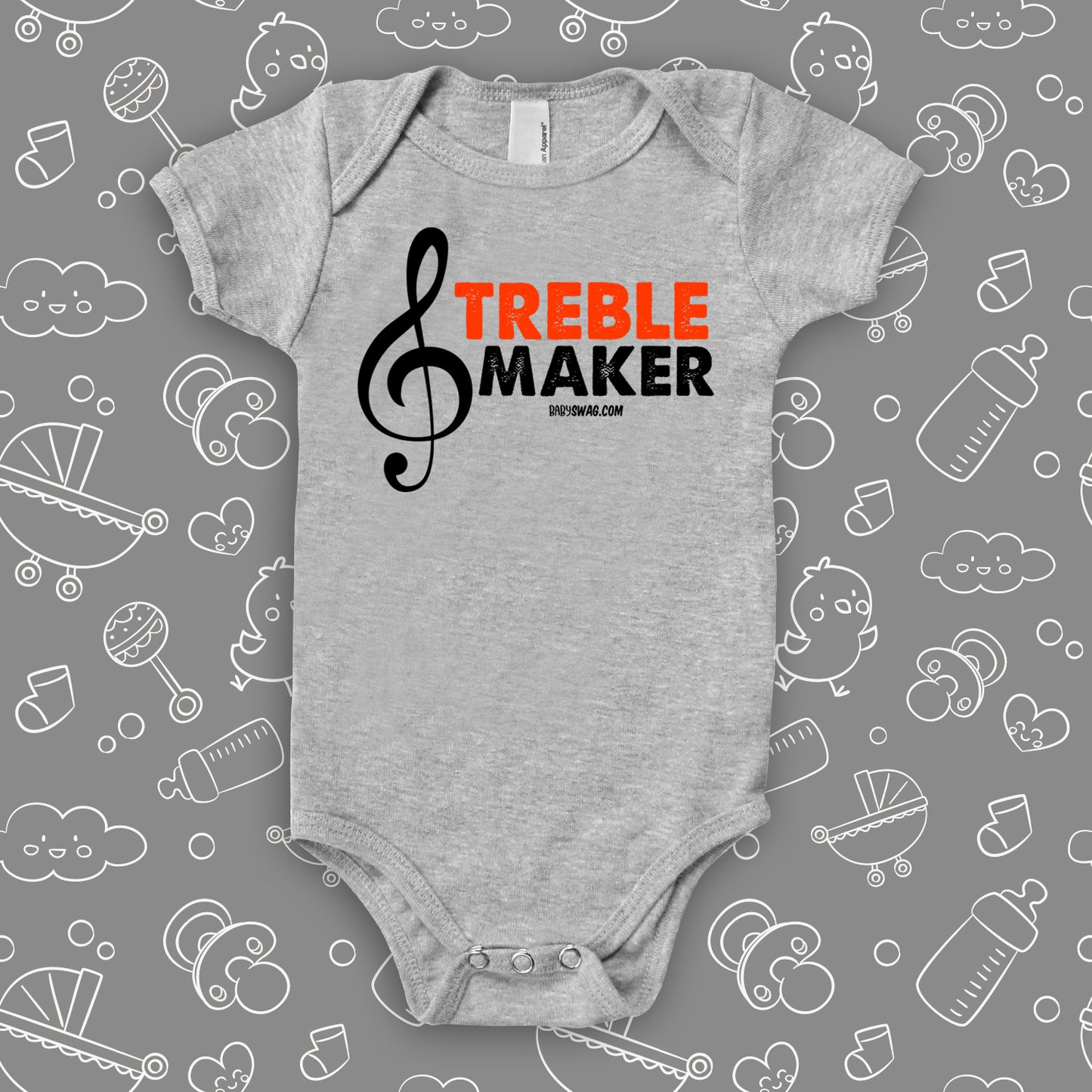 The "Treble Maker" cute baby onesies in grey.