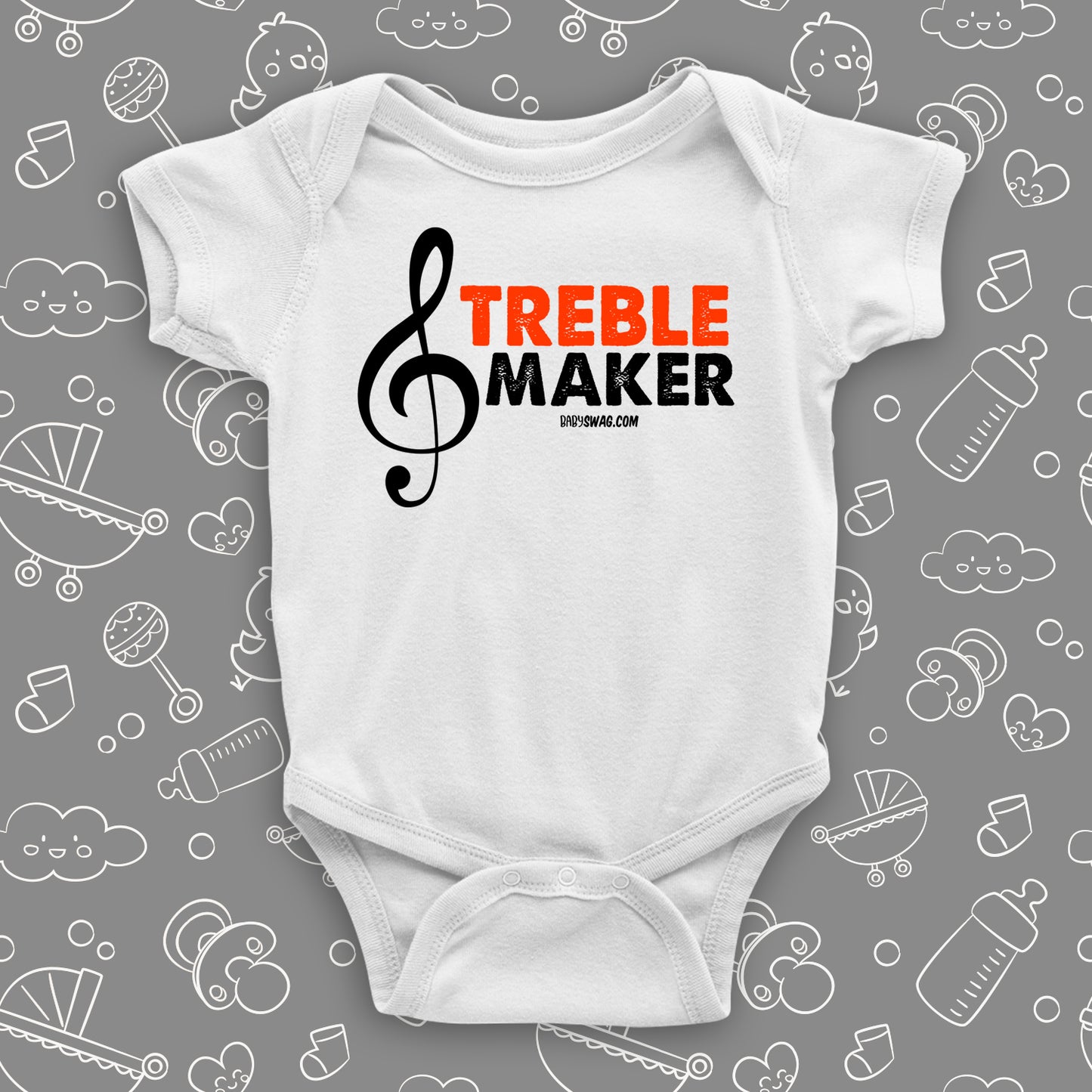 The "Treble Maker" cute baby onesies in white.