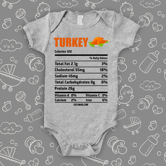 The "Turkey Nutrition Facts" cute baby onesies in grey.