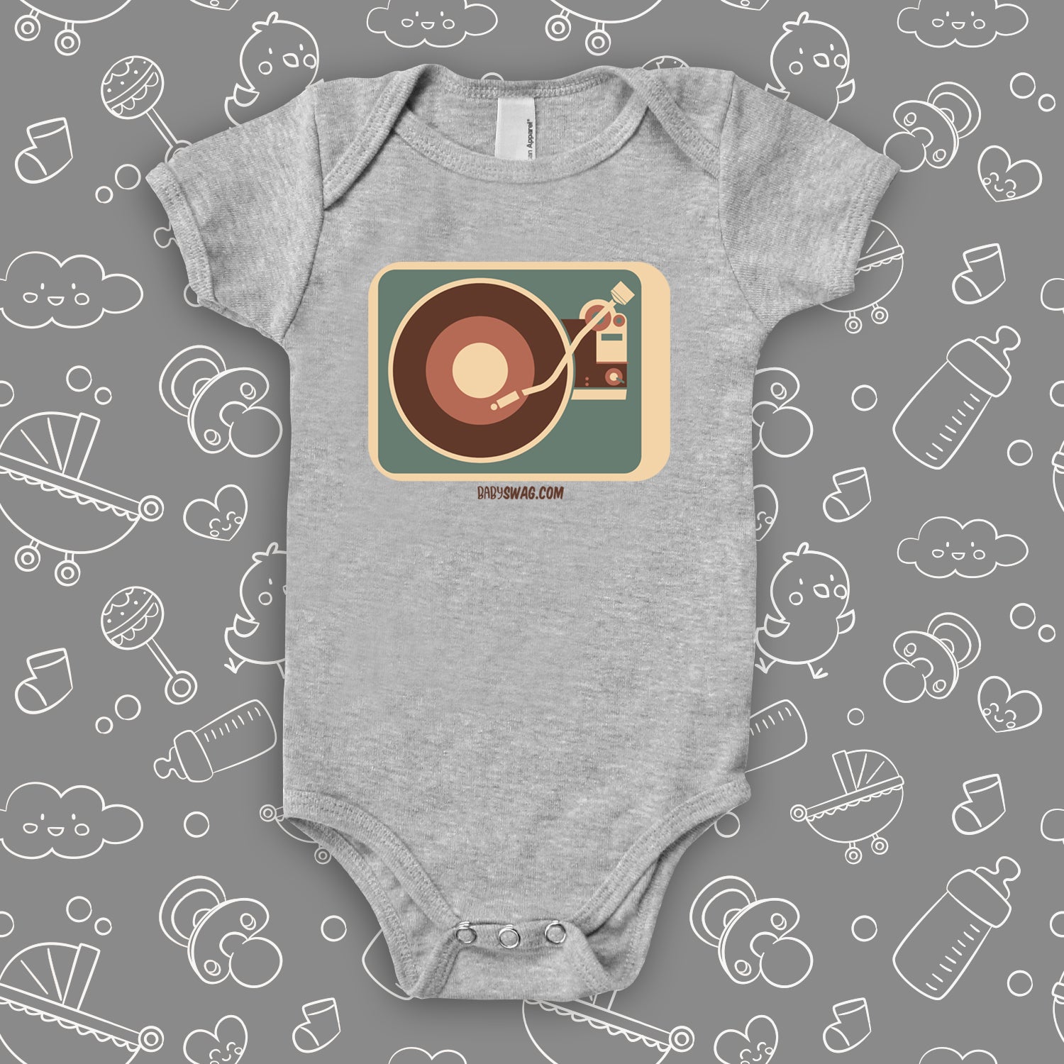 The "Vinyl Turntable" cute baby onesies in grey.