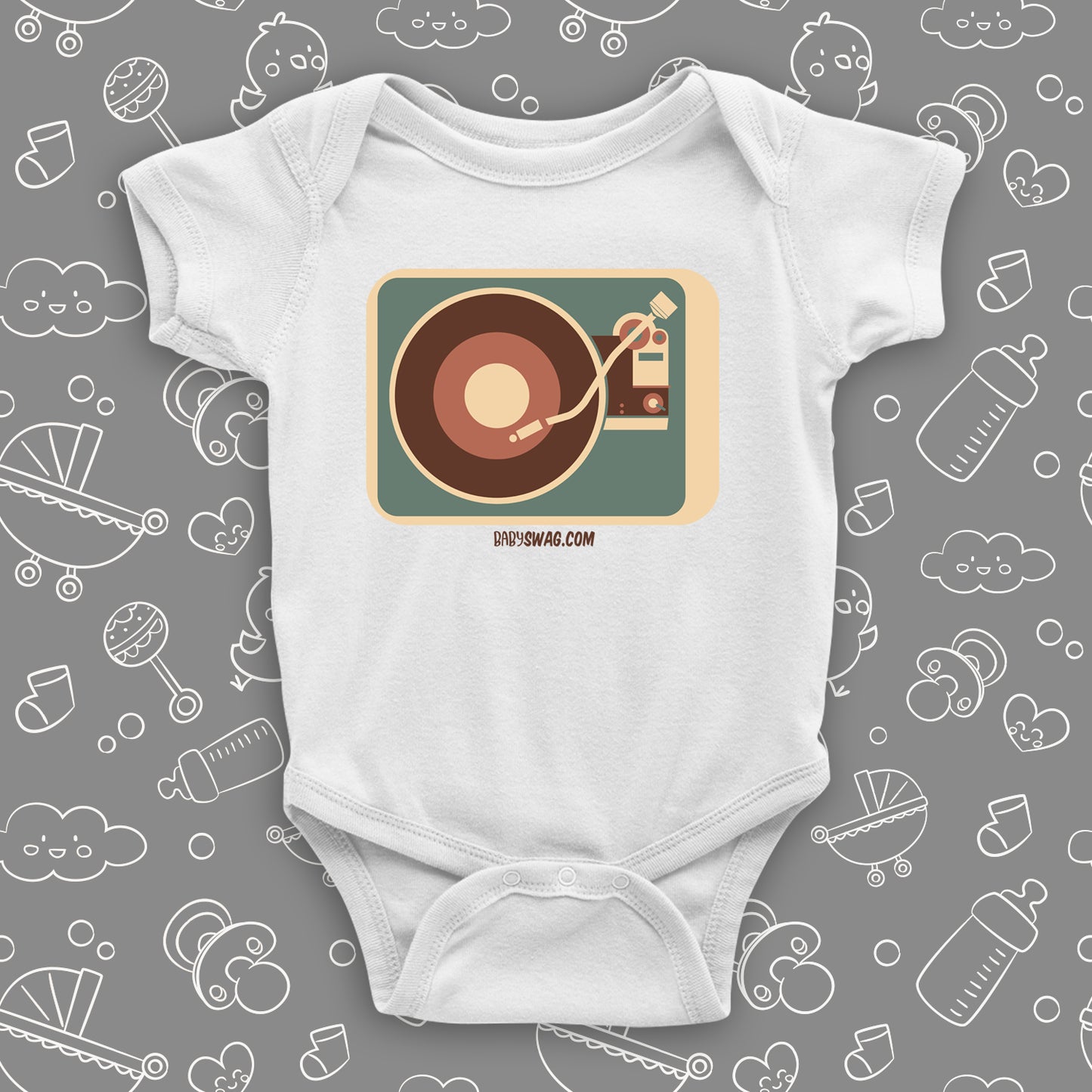 There are no many vinyl turntables nowadays, and our kids probably do not know what vinyl is. If you want to remind yourself of good, old and simpler times, order this cute baby onesie. We have this cute onesie all year long, so you can order it anytime.