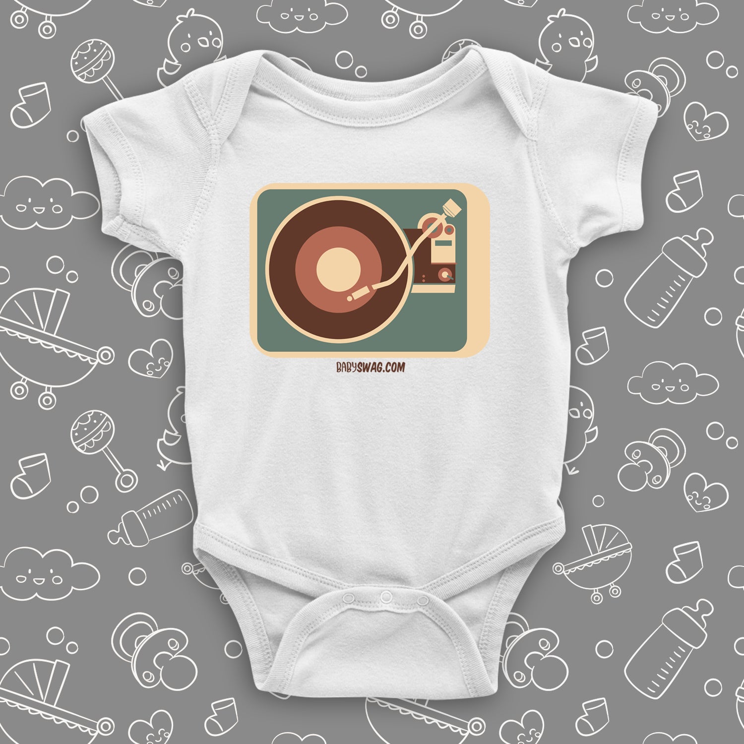 There are no many vinyl turntables nowadays, and our kids probably do not know what vinyl is. If you want to remind yourself of good, old and simpler times, order this cute baby onesie. We have this cute onesie all year long, so you can order it anytime.