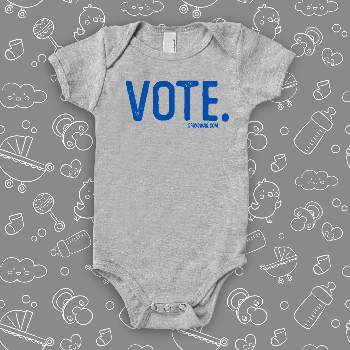Grey baby onesie with a "Vote." print.
