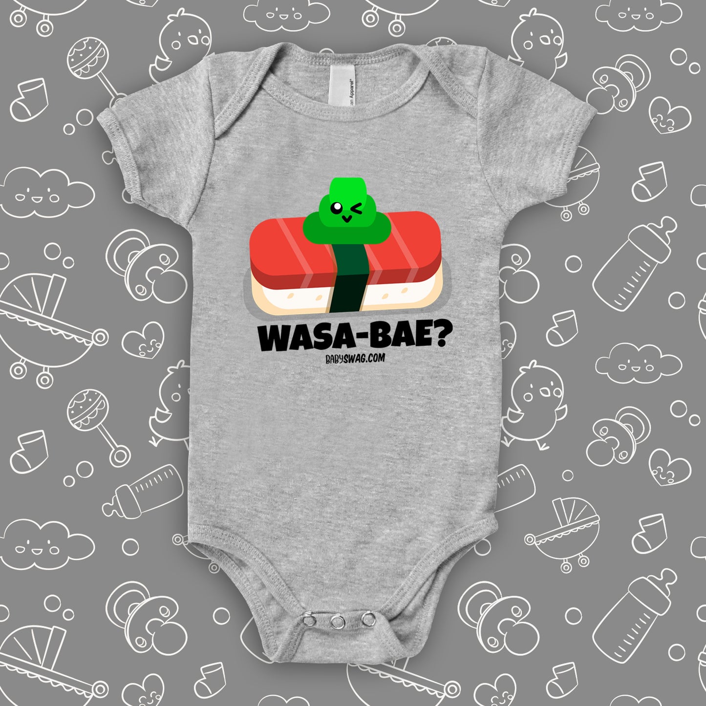 The ''Wasa-bae'' cool baby onesies in grey.