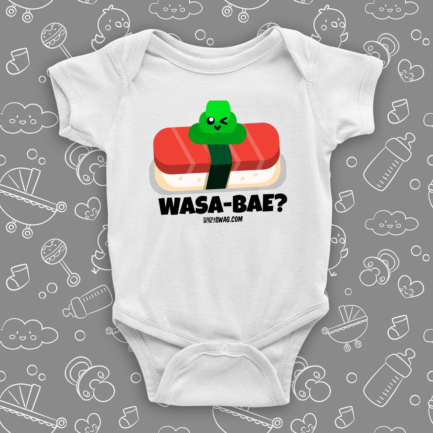 The ''Wasa-bae'' cool baby onesies in white.