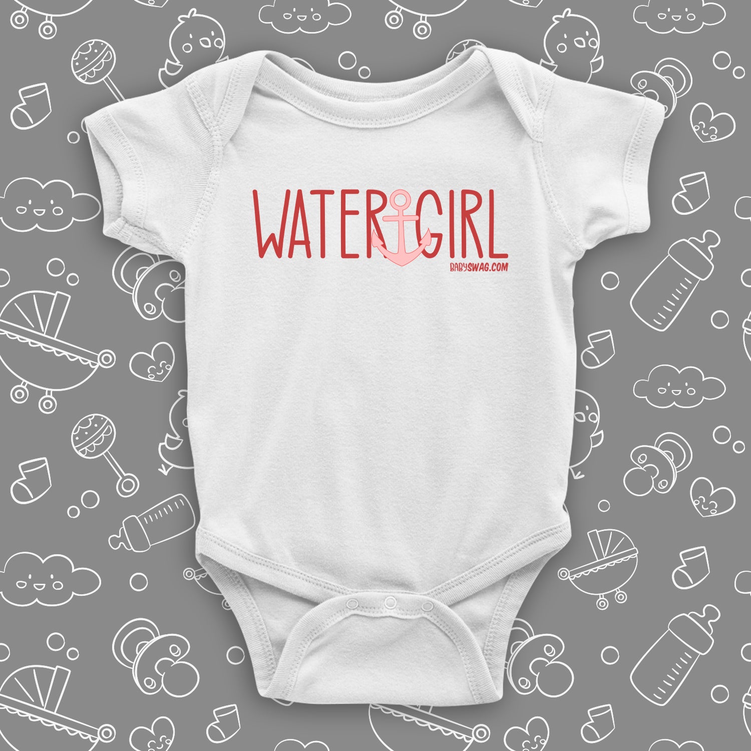 The ''Water Girl'' cute baby girl onesies in white.