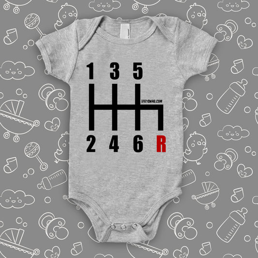 The "6 Gearshirt Race Car" graphich baby onesies in grey.