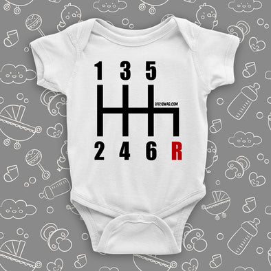 The "6 Gearshirt Race Car" graphic baby onesies in white.