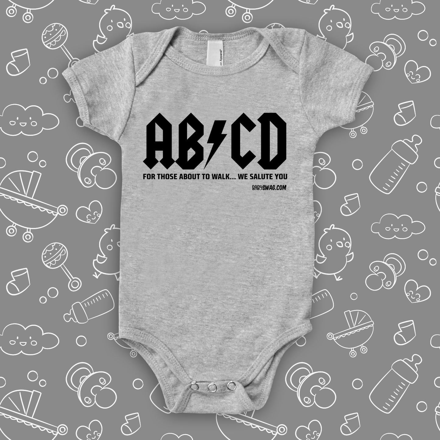 The rock n roll onesies with saying "ABCD" in grey