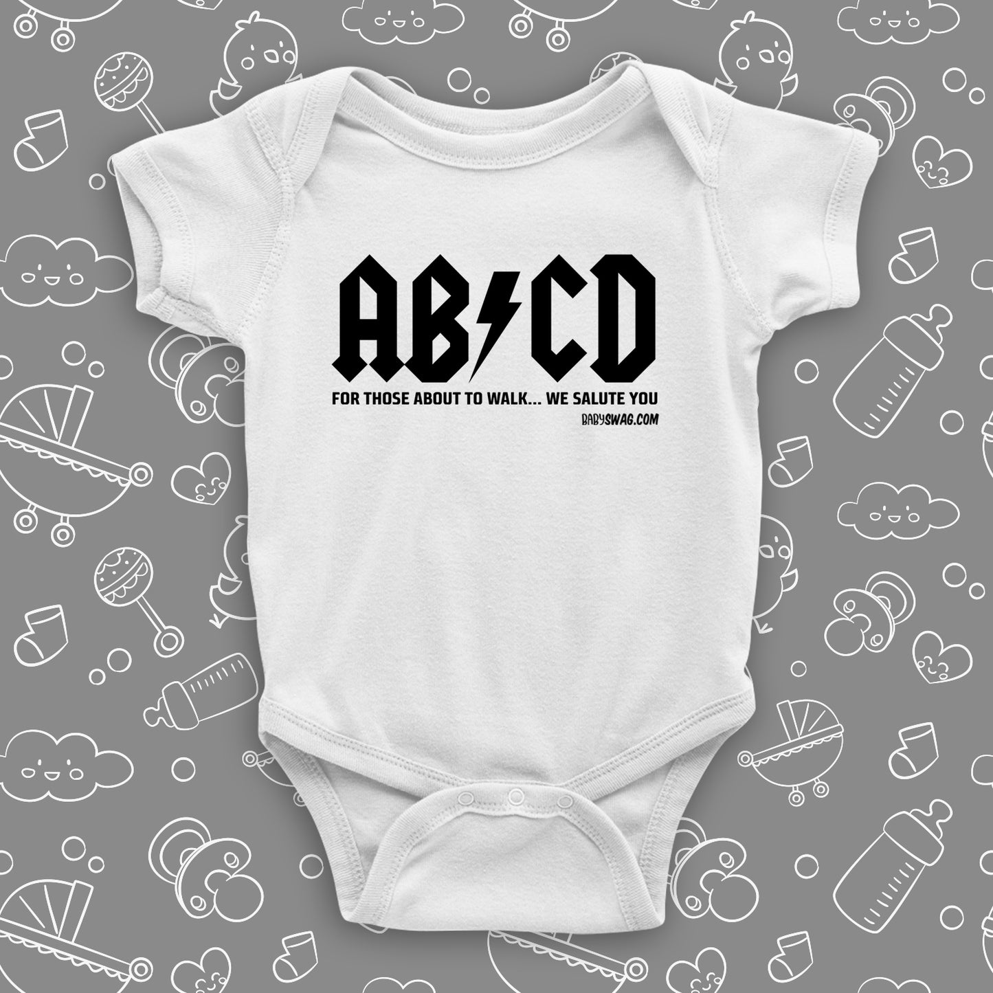 The rock n roll onesies with saying "ABCD" in white.