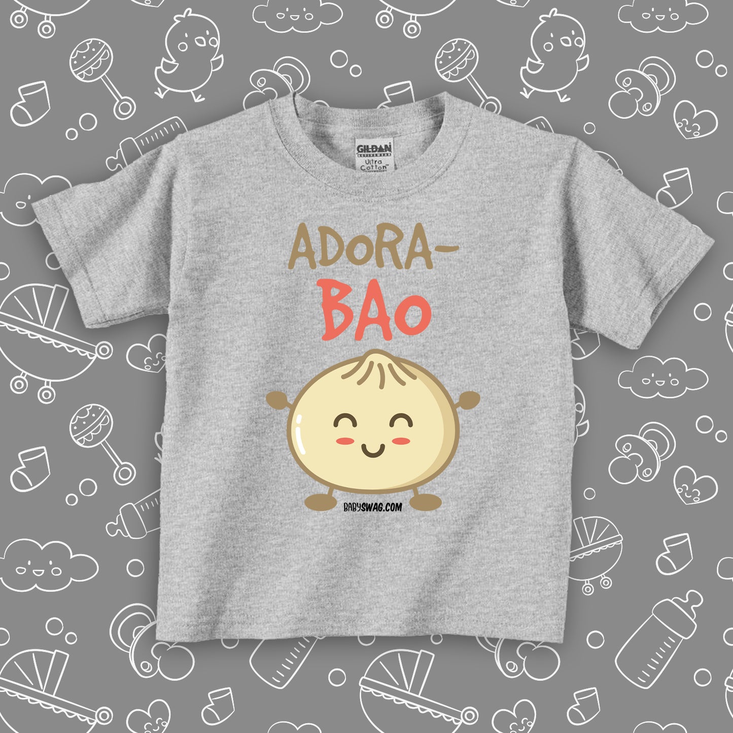 Toddler graphic tee with "Adora-bao" print and an image of bao bun smiling, in grey. 
