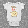 Cute baby onesies wuth saying "Adora-Bao" in white.