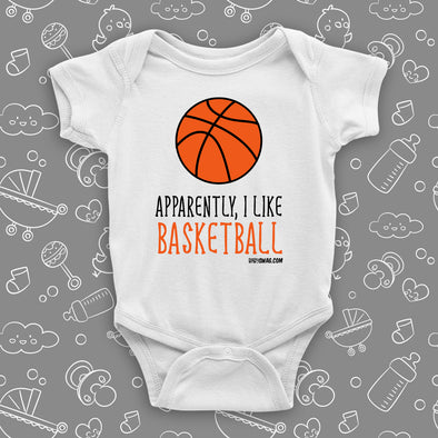 Cute baby boy onesies with saying "Apparently, I Like Basketball" in white. 