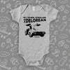 The ''My Other Stroller Is A Delorean'' cool baby onesies in grey.