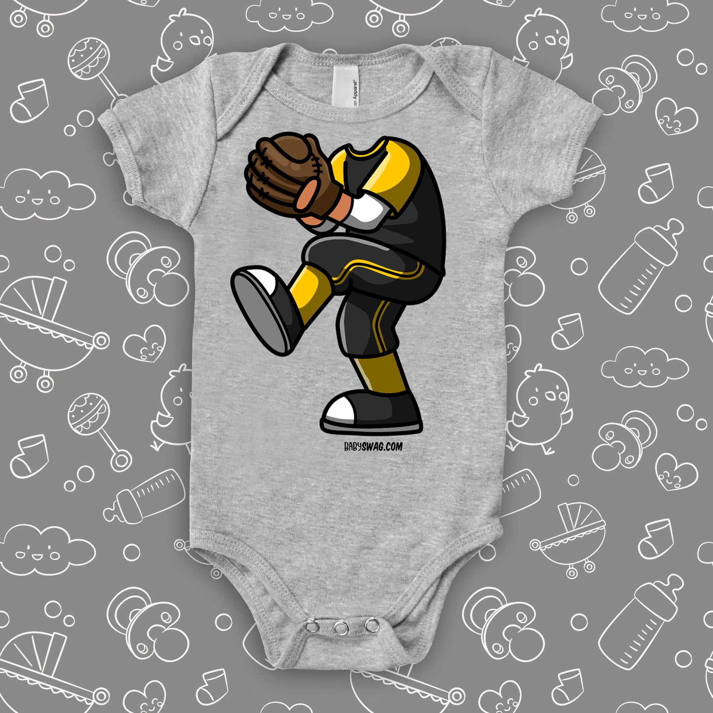 A grey baby boy onesie with baseball bobblehead
