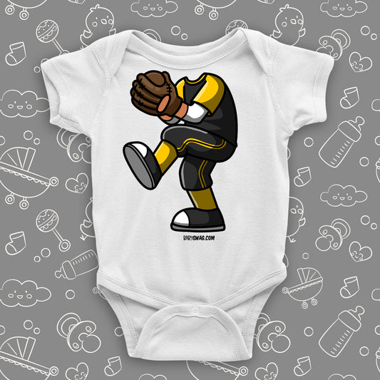 A white baby boy onesie with baseball bobblehead. 