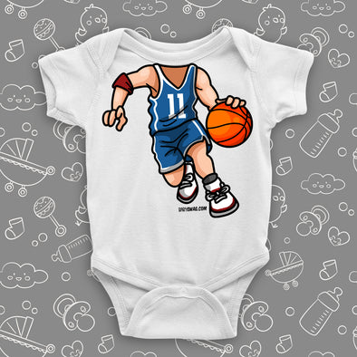 A basketball bobblehead cool baby boy onesie in white.