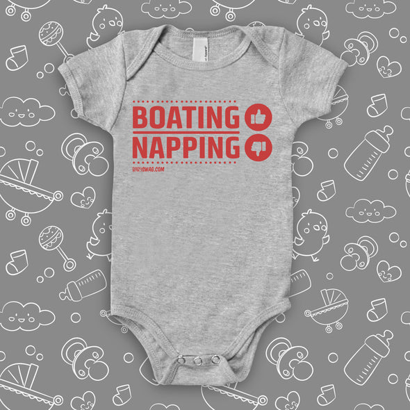 Cool baby onesies with saying "Boating, Napping" in grey. 