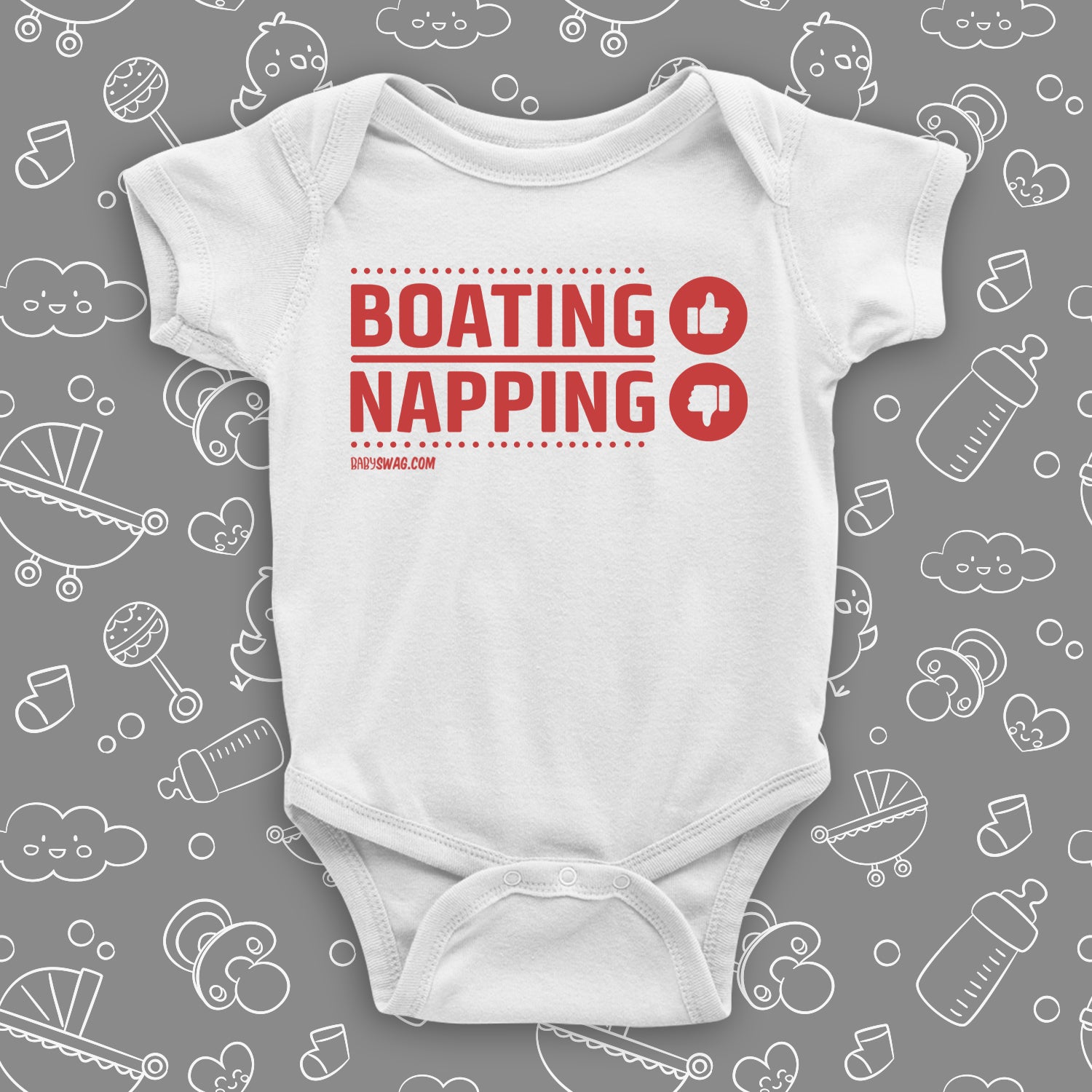  Cool baby onesies with saying "Boating, Napping" in white.