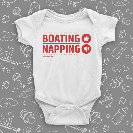 Cool baby onesies with saying "Boating, Napping" in white.
