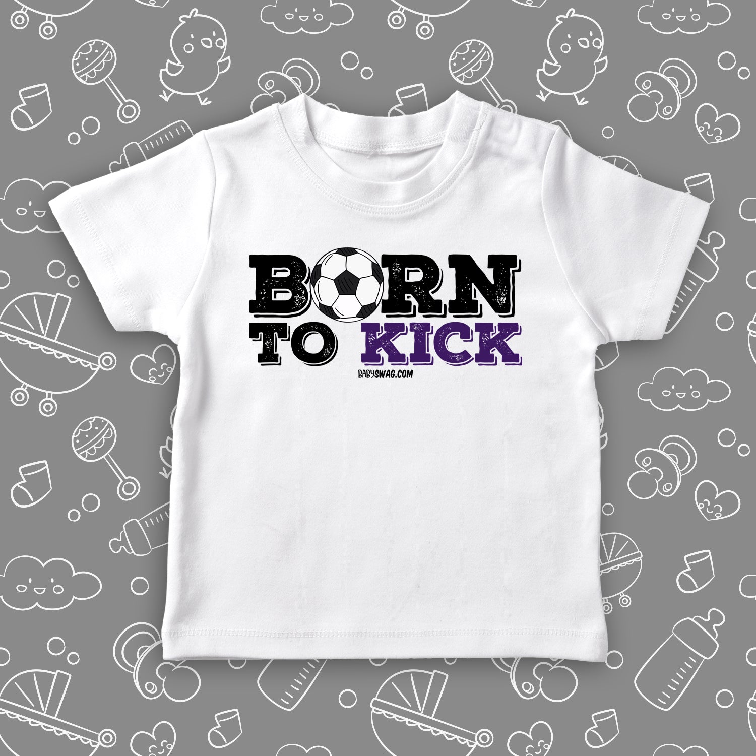 The "Born To Kick" toddler boy shirt in white with soccer ball print.
