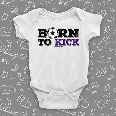 Cute baby boy onesies with saying "Born To Kick" in white. 