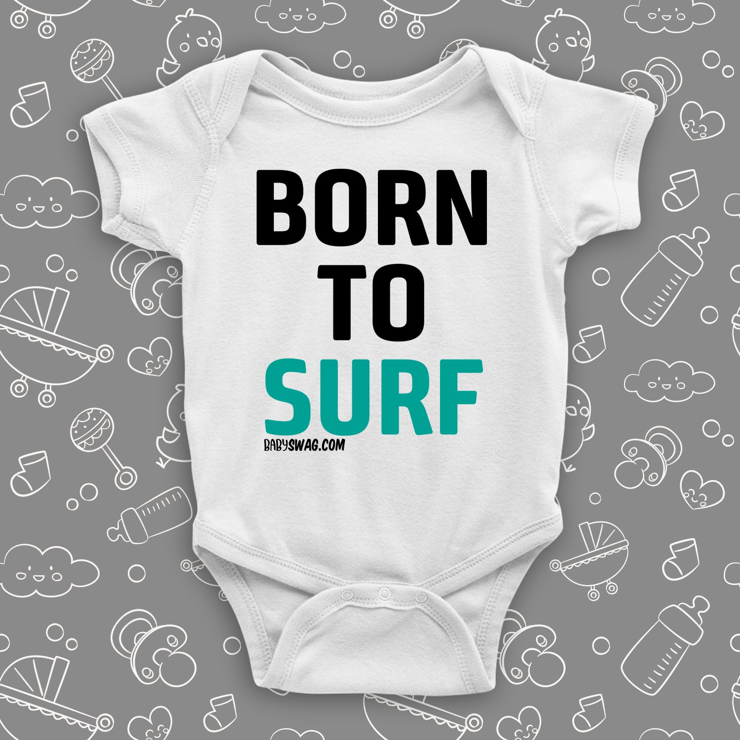 The "Born To Surf" baby onesies in white.