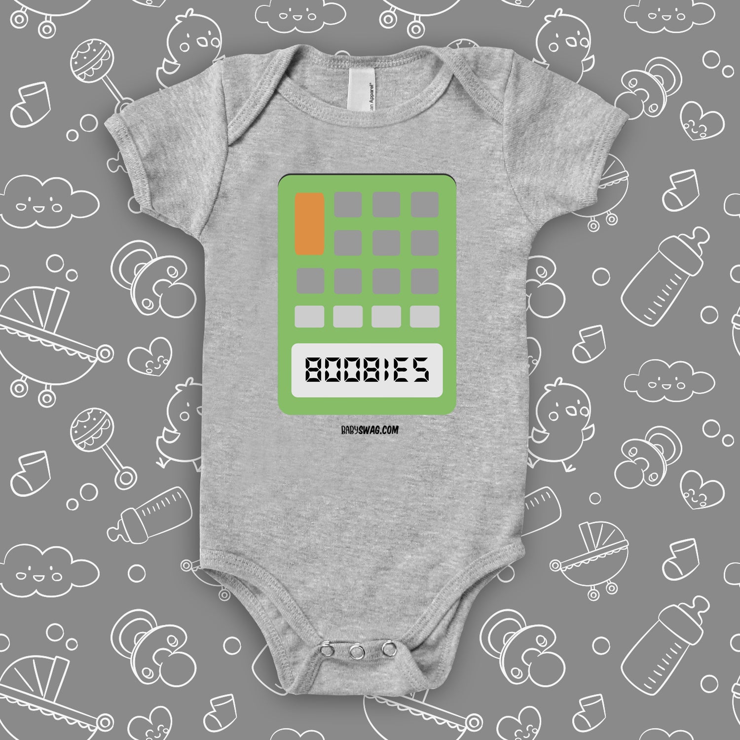 The "Calculator Boobies" graphic baby onesies in grey. 
