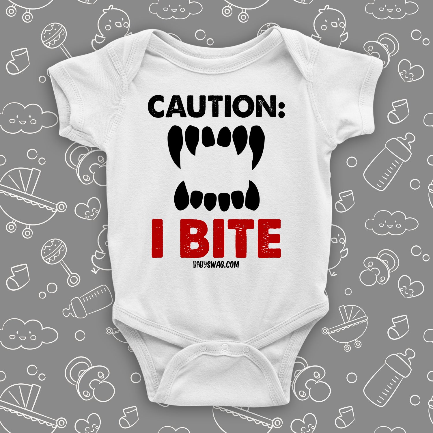 Funny baby onesie saying "Caution: I bite" with an image of scary teeth, color white.