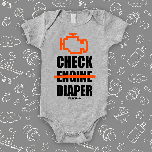 Funny baby onesies with saying "Check Diaper" in grey.