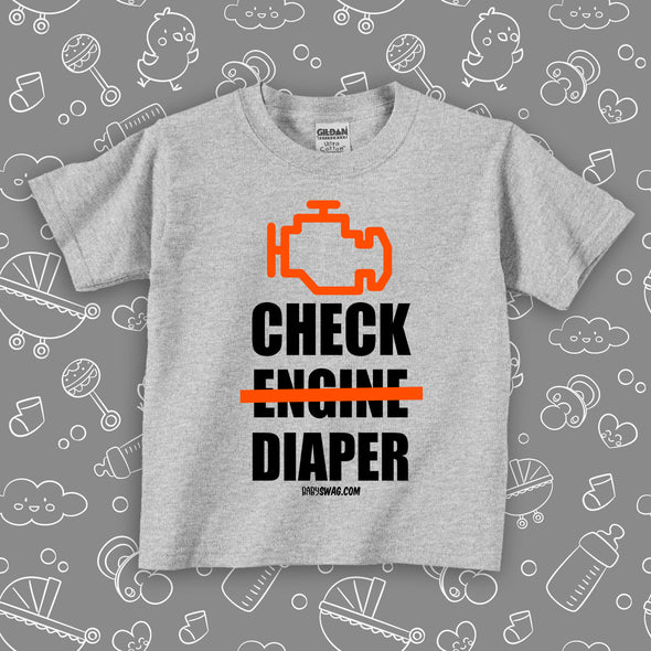Grey toddler shirt saying "Check Diaper"