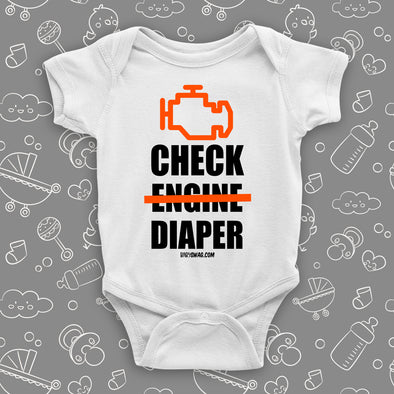 Funny baby onesies with saying "Check Diaper" in white.
