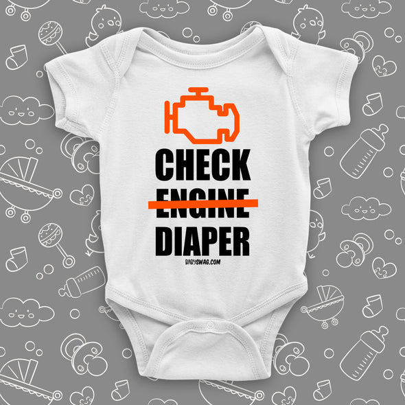 Funny baby onesies with saying "Check Diaper" in white.