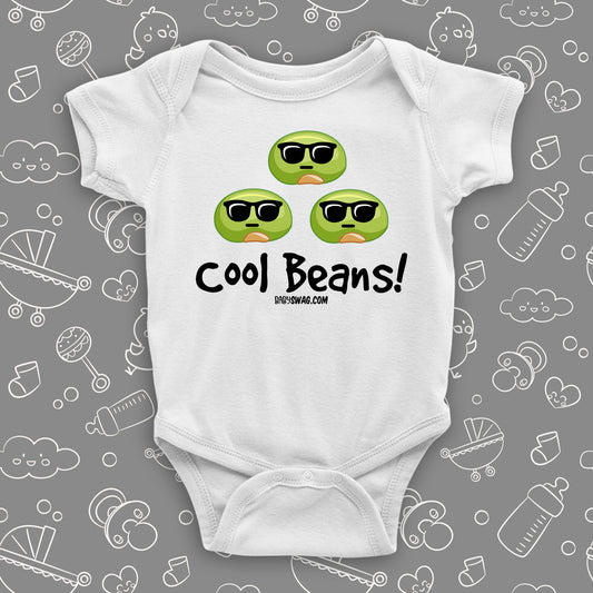 White cool baby onesie saying "Cool beans".