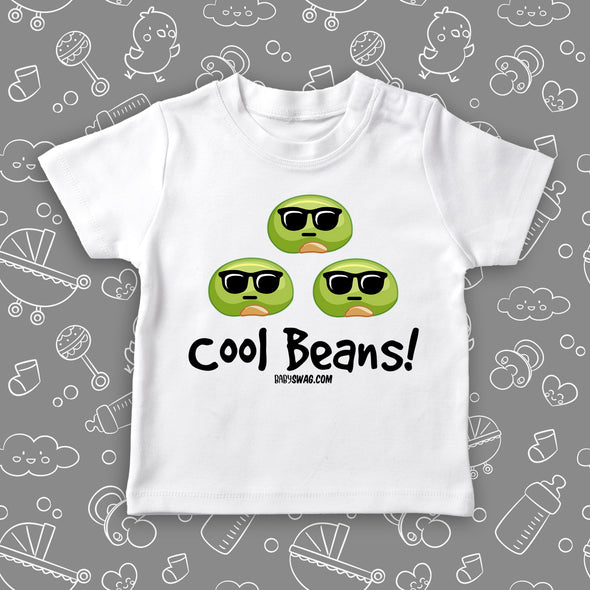 White toddler graphic tee with "Cool beans" print and an image of three beans wearing sunglasses.