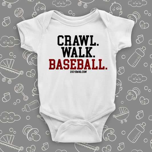 Cute baby boy onesies with the caption "Crawl. Walk. Baseball" in white. 