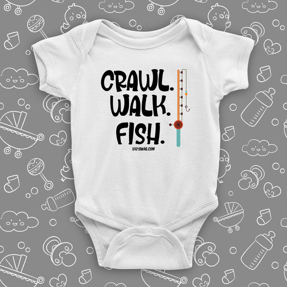 The ''Crawl. Walk. Fish'' unique baby onesies in white.