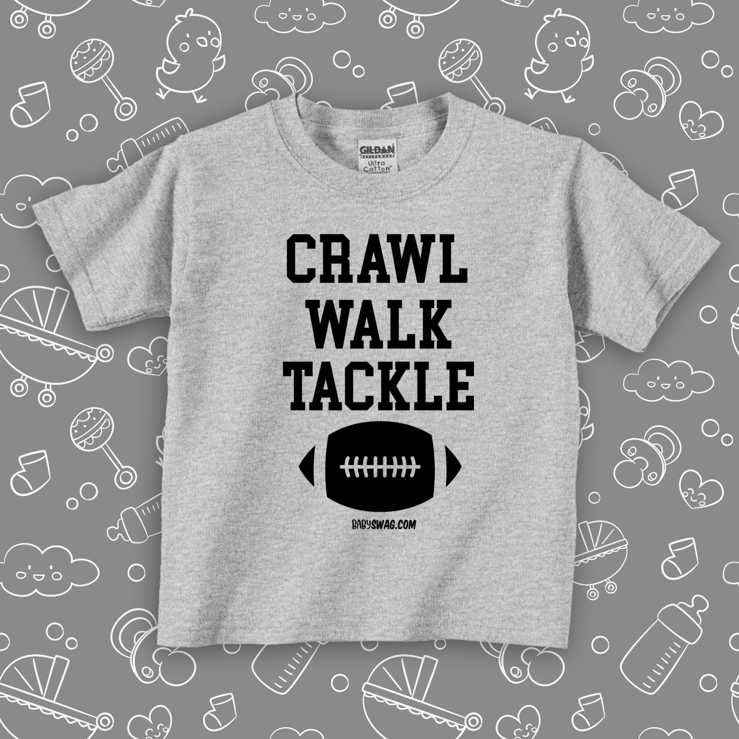 The "Crawl. Walk. Tackle" toddler boy shirt grey. 